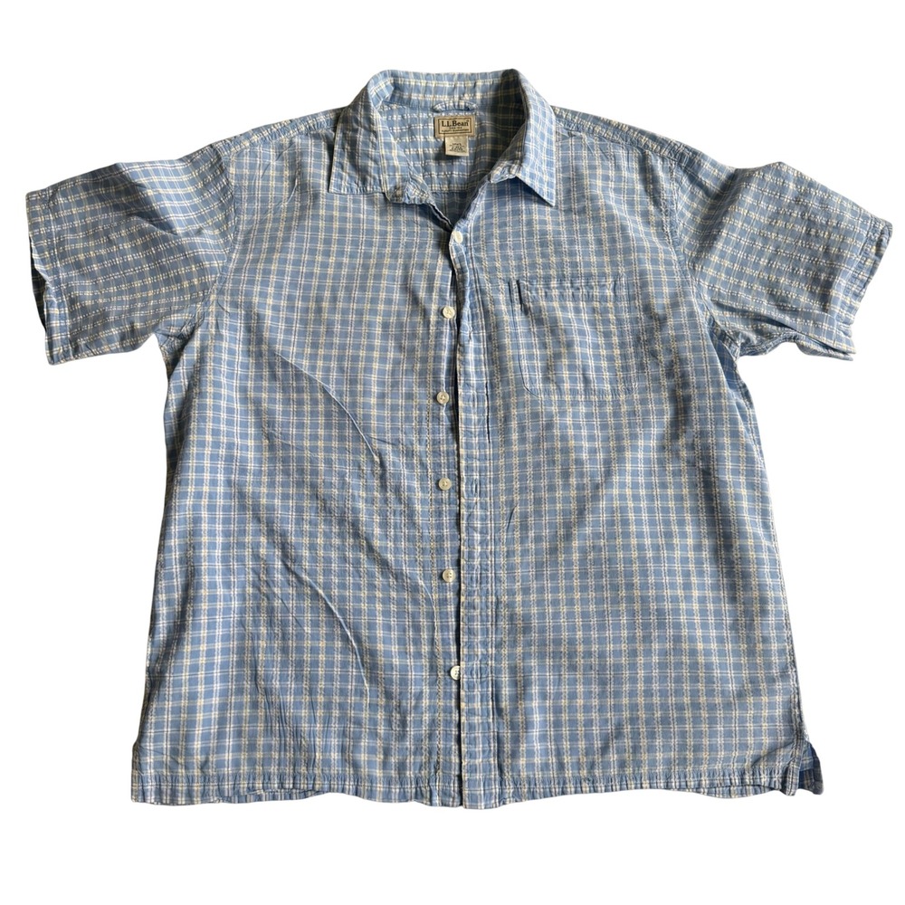 L.L. Bean Blue Plaid Short Sleeve Button Down Shirt Large Regular